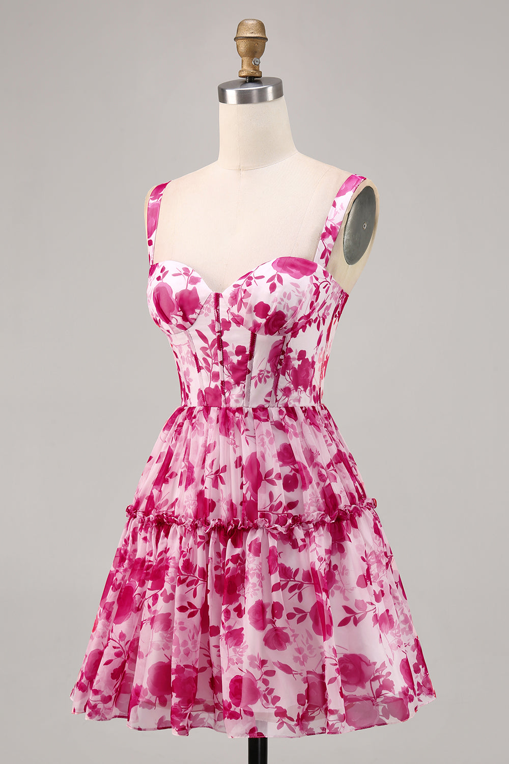 Fuchsia Corset A Line Chiffon Short Floral Homecoming Dress