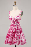Fuchsia Corset A Line Chiffon Short Floral Homecoming Dress
