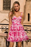 Fuchsia Floral Corset Chiffon A Line Short Homecoming Dress