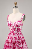 Fuchsia Corset A Line Chiffon Short Floral Homecoming Dress