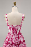 Fuchsia Corset A Line Chiffon Short Floral Homecoming Dress