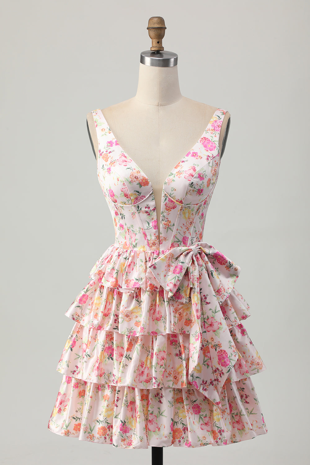 Pink Corset A Line Bow Floral Short Homecoming Dress with Ruffles