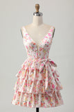 Pink Corset A Line Bow Floral Short Homecoming Dress with Ruffles