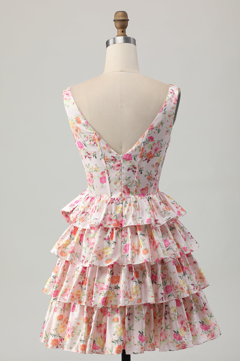 Pink Corset A Line Bow Floral Short Homecoming Dress with Ruffles