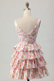 Pink Corset A Line Bow Floral Short Homecoming Dress with Ruffles