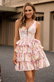 Pink Corset A Line Bow Floral Short Homecoming Dress with Ruffles