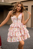 Pink Corset A Line Bow Floral Short Homecoming Dress with Ruffles
