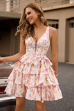 Pink Corset A Line Bow Floral Short Homecoming Dress with Ruffles