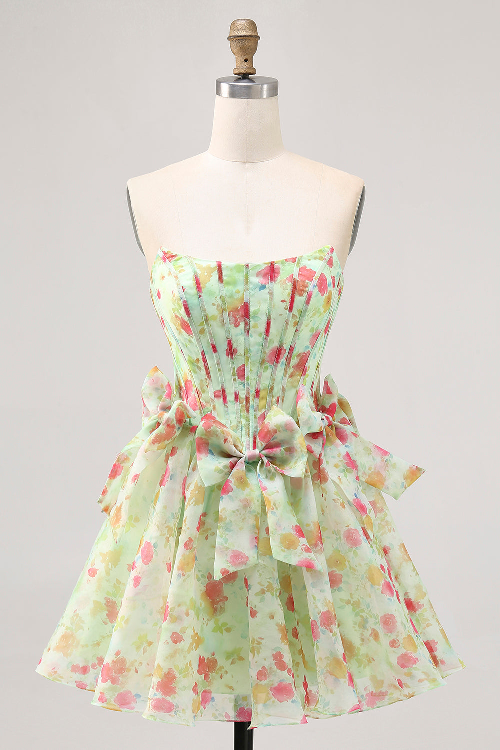 Green Floral Strapless Short Corset Homecoming Dress with Bows
