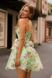 Green Floral Strapless Short Corset Homecoming Dress with Bows