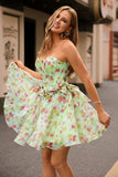 Green Corset Floral Strapless Short Homecoming Dress with Bows
