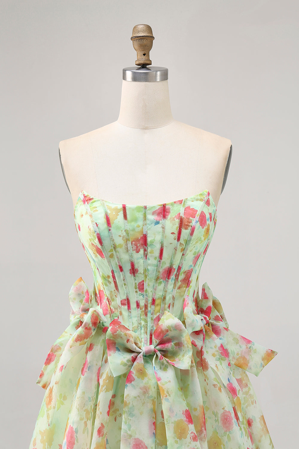 Green Floral Strapless Short Corset Homecoming Dress with Bows