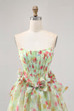 Green Floral Strapless Short Corset Homecoming Dress with Bows