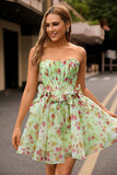 Green Corset Floral Strapless Short Homecoming Dress with Bows