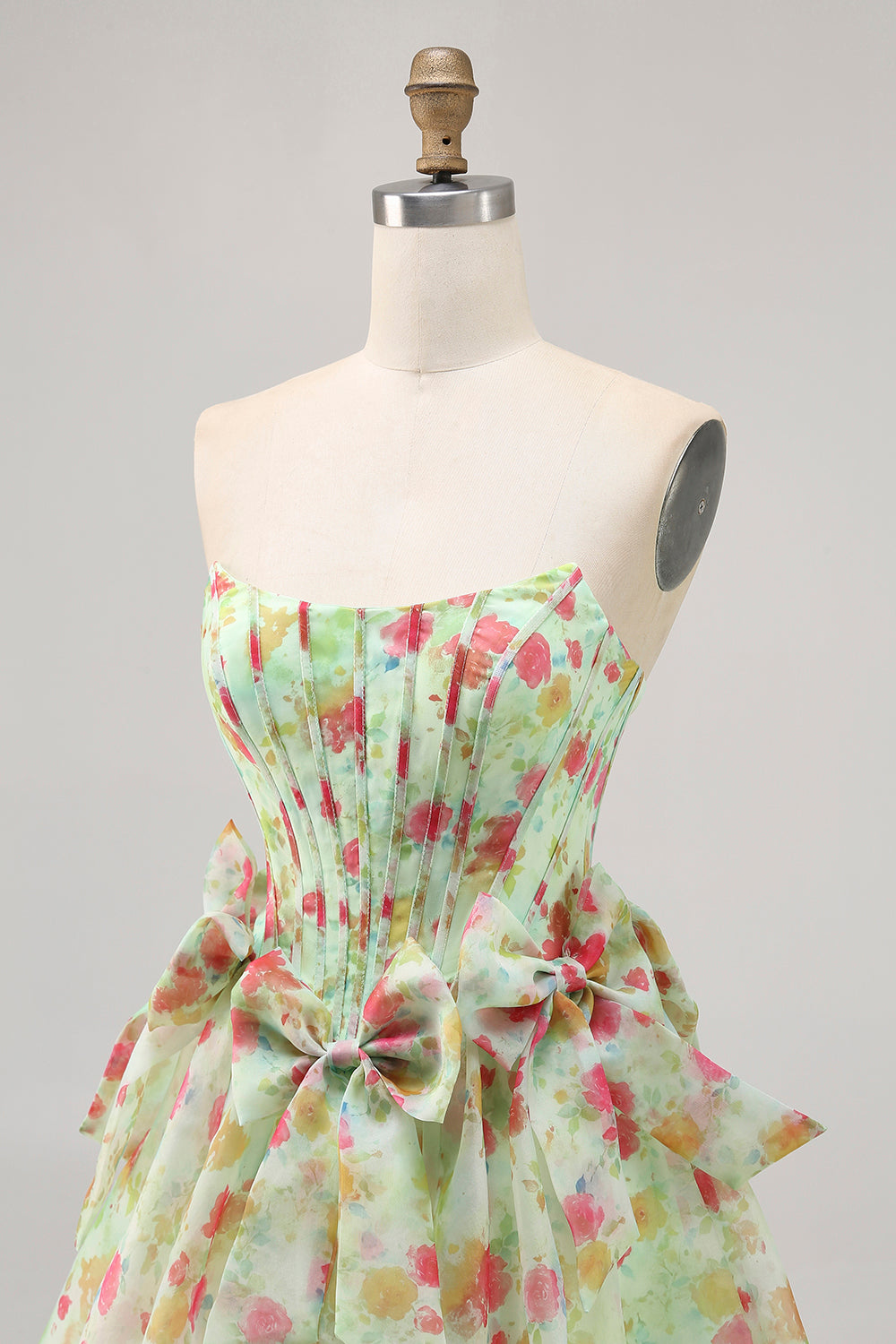 Green Floral Strapless Short Corset Homecoming Dress with Bows