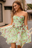 Green Corset Floral Strapless Short Homecoming Dress with Bows