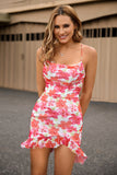Red Floral Spaghetti Straps Ruched Tight Short Homecoming Dress