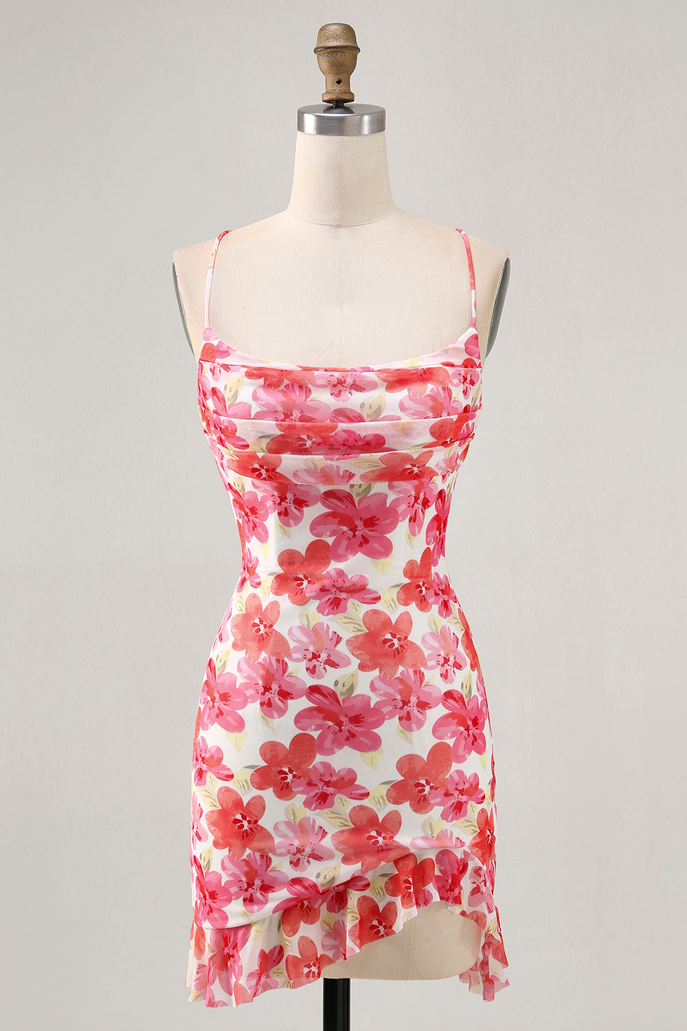 Red Floral Spaghetti Straps Ruched Tight Short Homecoming Dress