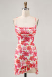 Red Floral Spaghetti Straps Ruched Tight Short Homecoming Dress