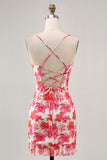 Red Floral Spaghetti Straps Ruched Tight Short Homecoming Dress