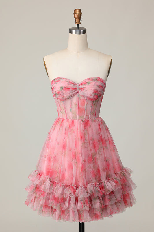 Red Floral Corset Sweetheart Short Homecoming Dress with Ruffles