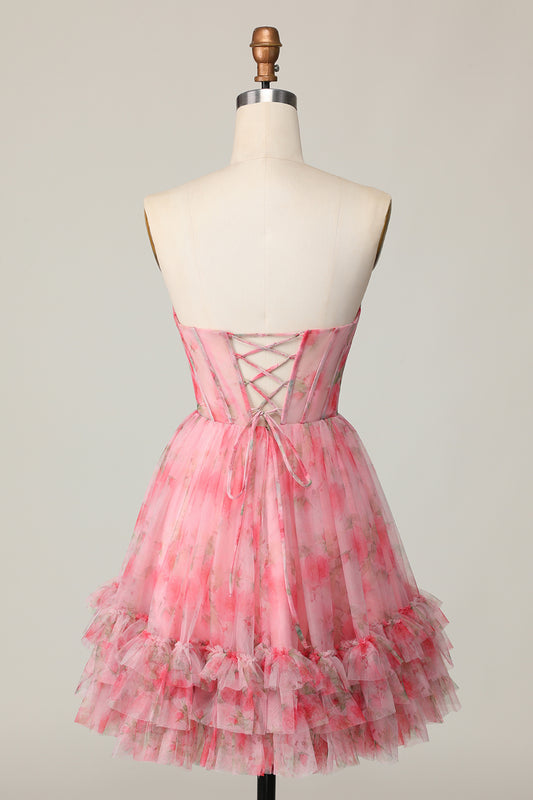 Red Floral Corset Sweetheart Short Homecoming Dress with Ruffles
