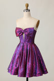 Dark Purple Corset Strapless Metallic Short Homecoming Dress with Bow