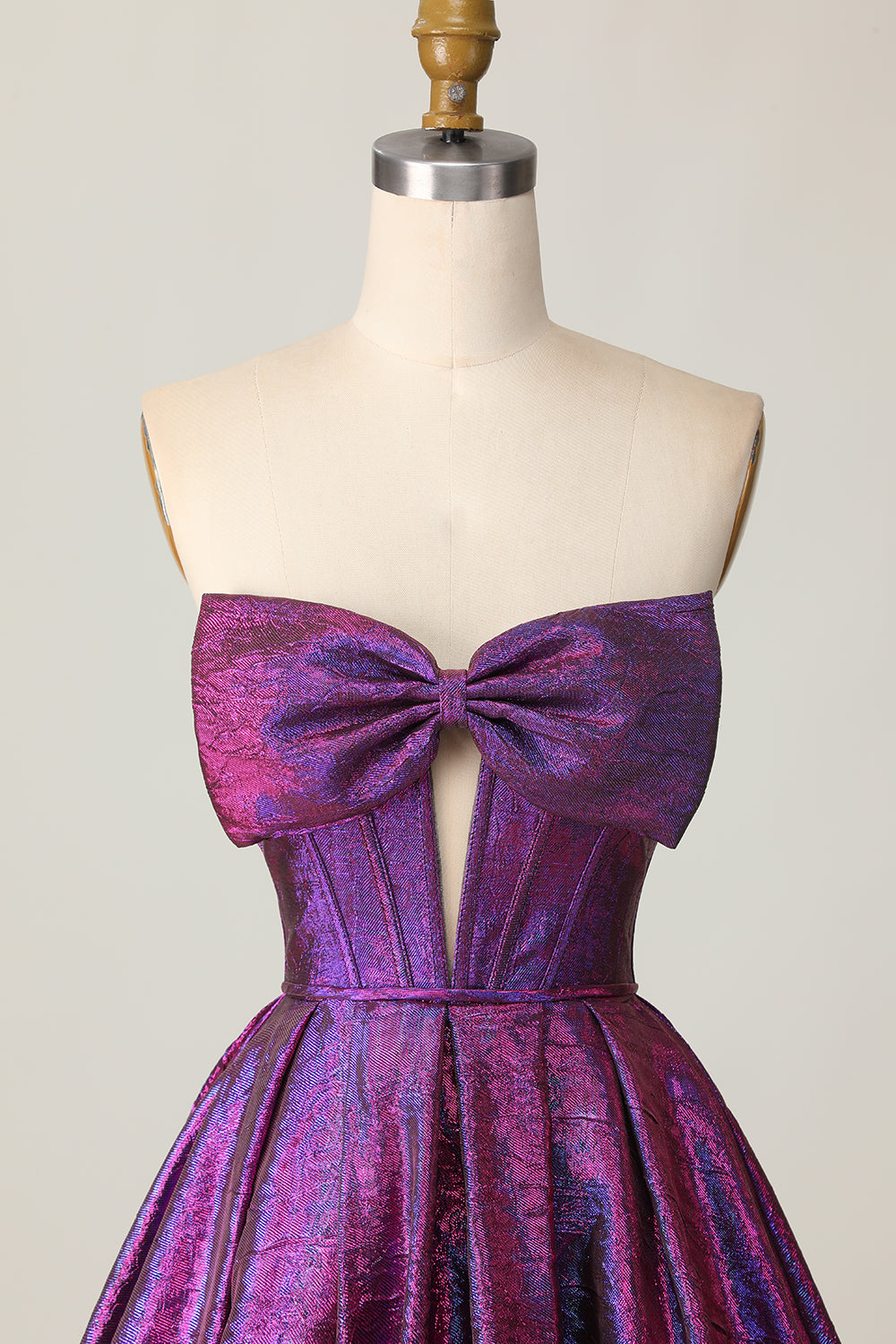 Dark Purple Corset Strapless Metallic Short Homecoming Dress with Bow
