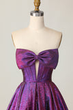 Dark Purple Corset Strapless Metallic Short Homecoming Dress with Bow
