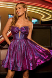 Dark Purple Corset Metallic A Line Short Homecoming Dress with Bow