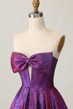 Dark Purple Corset Strapless Metallic Short Homecoming Dress with Bow