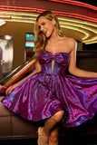 Dark Purple Corset Metallic A Line Short Homecoming Dress with Bow