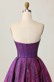 Dark Purple Corset Strapless Metallic Short Homecoming Dress with Bow