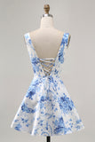 White and Blue Floral Satin Scoop Neck Short Homecoming Dress