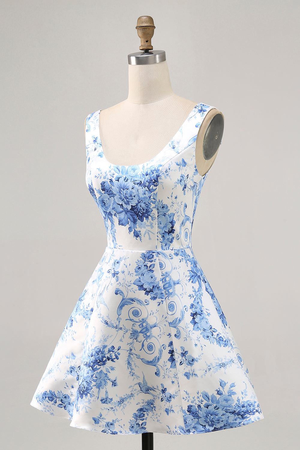 White and Blue Floral Satin Scoop Neck Short Homecoming Dress