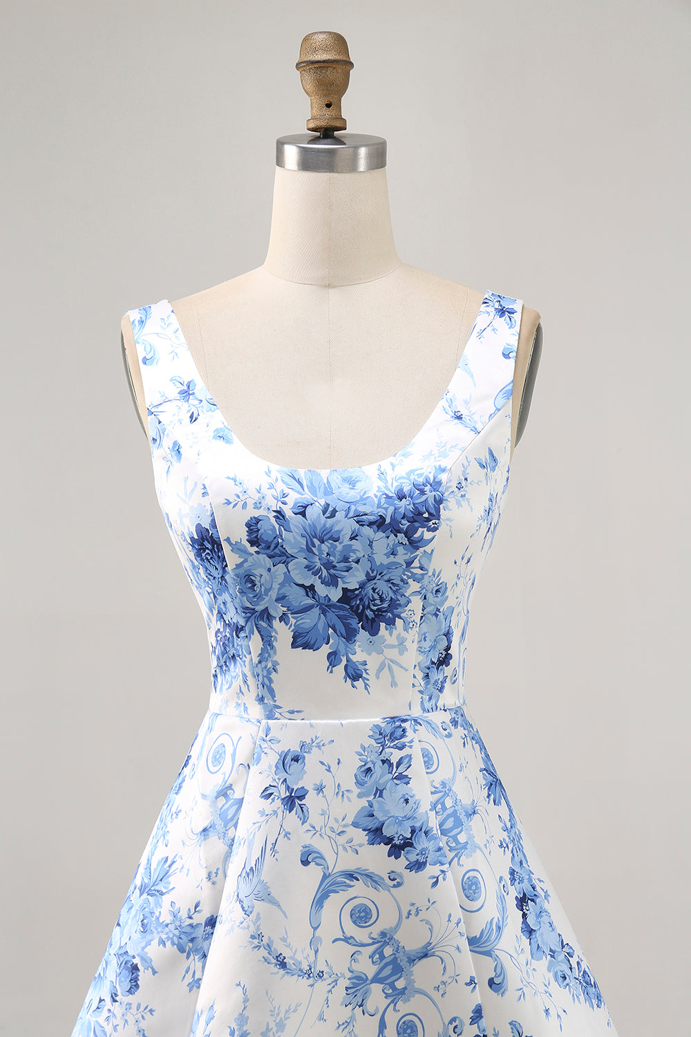 Zapakasa Women White and Blue Floral Short Homecoming Dress Scoop Neck Satin A Line Lace Up Back Cocktail Dress Zapakasa Women White and Blue Floral Short Homecoming Dress Scoop Neck Satin A Line Lace Up Back Cocktail Dress