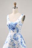 White and Blue Floral Satin Scoop Neck Short Homecoming Dress