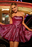 Dark Purple A Line Strapless Short Metallic Homecoming Dress with Bow