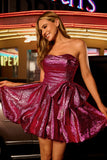 Dark Purple Glitter Strapless Short Metallic Homecoming Dress with Bow