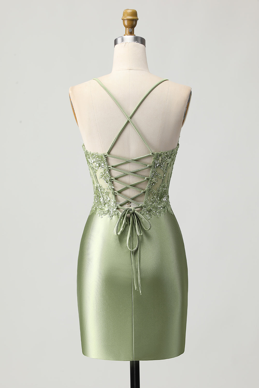 Zapakasa Women Sparkly Sage Green Corset Short Satin Homecoming Dress Tight Spaghetti Straps Appliqued Lace-Up Back Cocktail Dress Zapakasa Women Sparkly Sage Green Corset Short Satin Homecoming Dress Tight Spaghetti Straps Appliqued Lace-Up Back Cocktail Dress