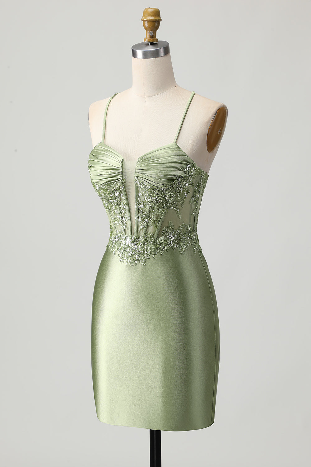 Zapakasa Women Sparkly Sage Green Corset Short Satin Homecoming Dress Tight Spaghetti Straps Appliqued Lace-Up Back Cocktail Dress Zapakasa Women Sparkly Sage Green Corset Short Satin Homecoming Dress Tight Spaghetti Straps Appliqued Lace-Up Back Cocktail Dress