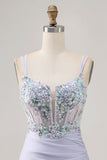 Lavender Satin Floral Corset Short Homecoming Dress with Lace