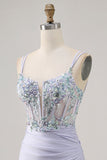 Lavender Satin Floral Corset Short Homecoming Dress with Lace