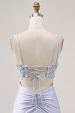 Lavender Satin Floral Corset Short Homecoming Dress with Lace