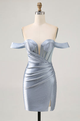 Sparkly Dusty Blue Satin Corset Tight Short Homecoming Dress with Beading