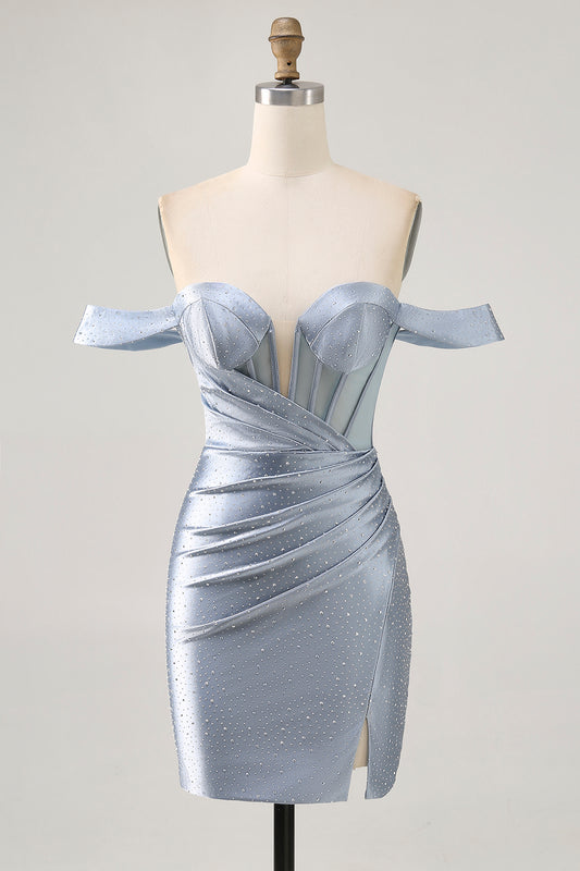 Sparkly Dusty Blue Satin Corset Tight Short Homecoming Dress with Beading