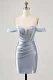 Sparkly Dusty Blue Satin Corset Tight Short Homecoming Dress with Beading