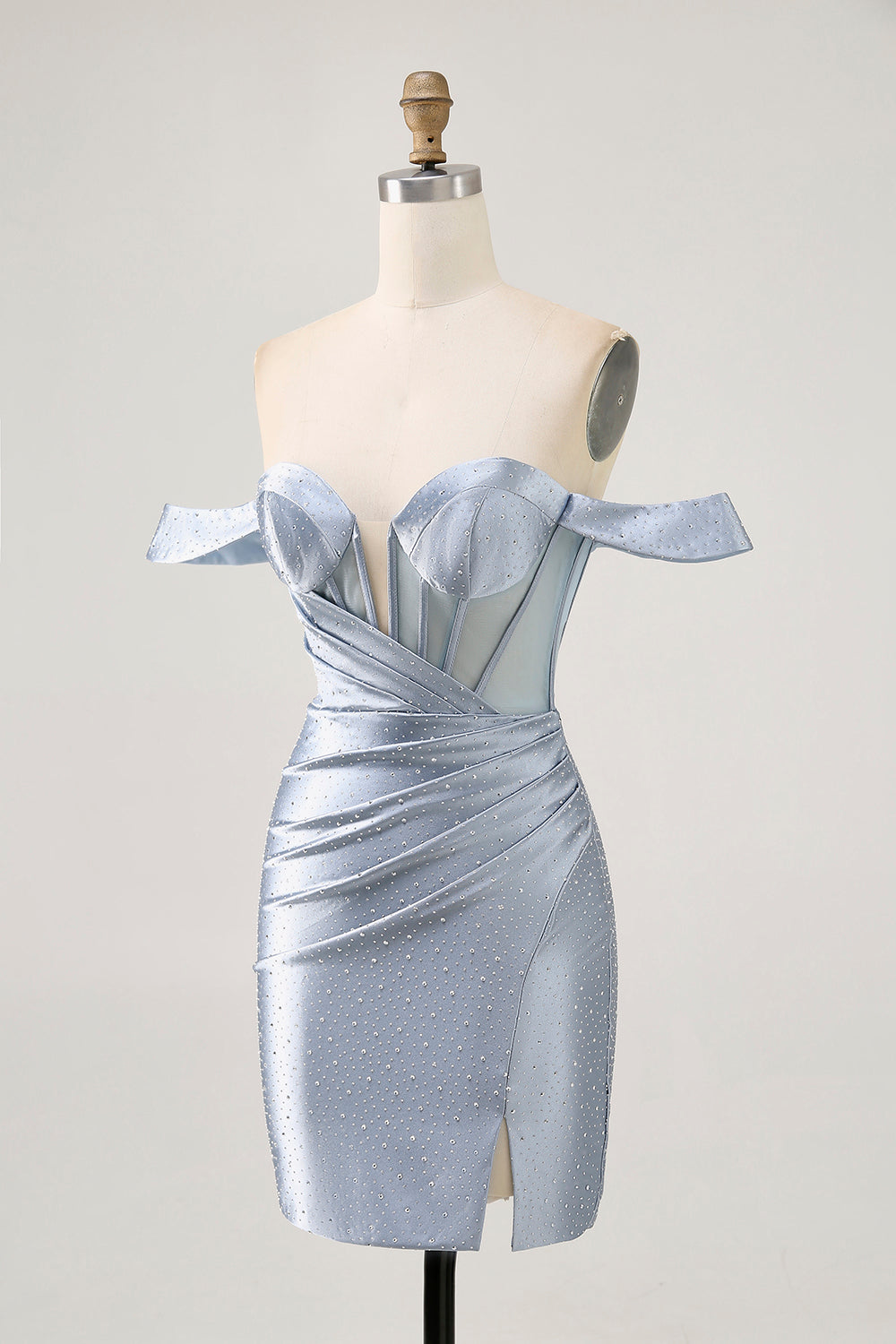 Sparkly Dusty Blue Satin Corset Tight Short Homecoming Dress with Beading
