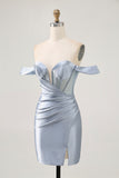 Sparkly Dusty Blue Satin Corset Tight Short Homecoming Dress with Beading