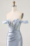 Sparkly Dusty Blue Satin Corset Tight Short Homecoming Dress with Beading